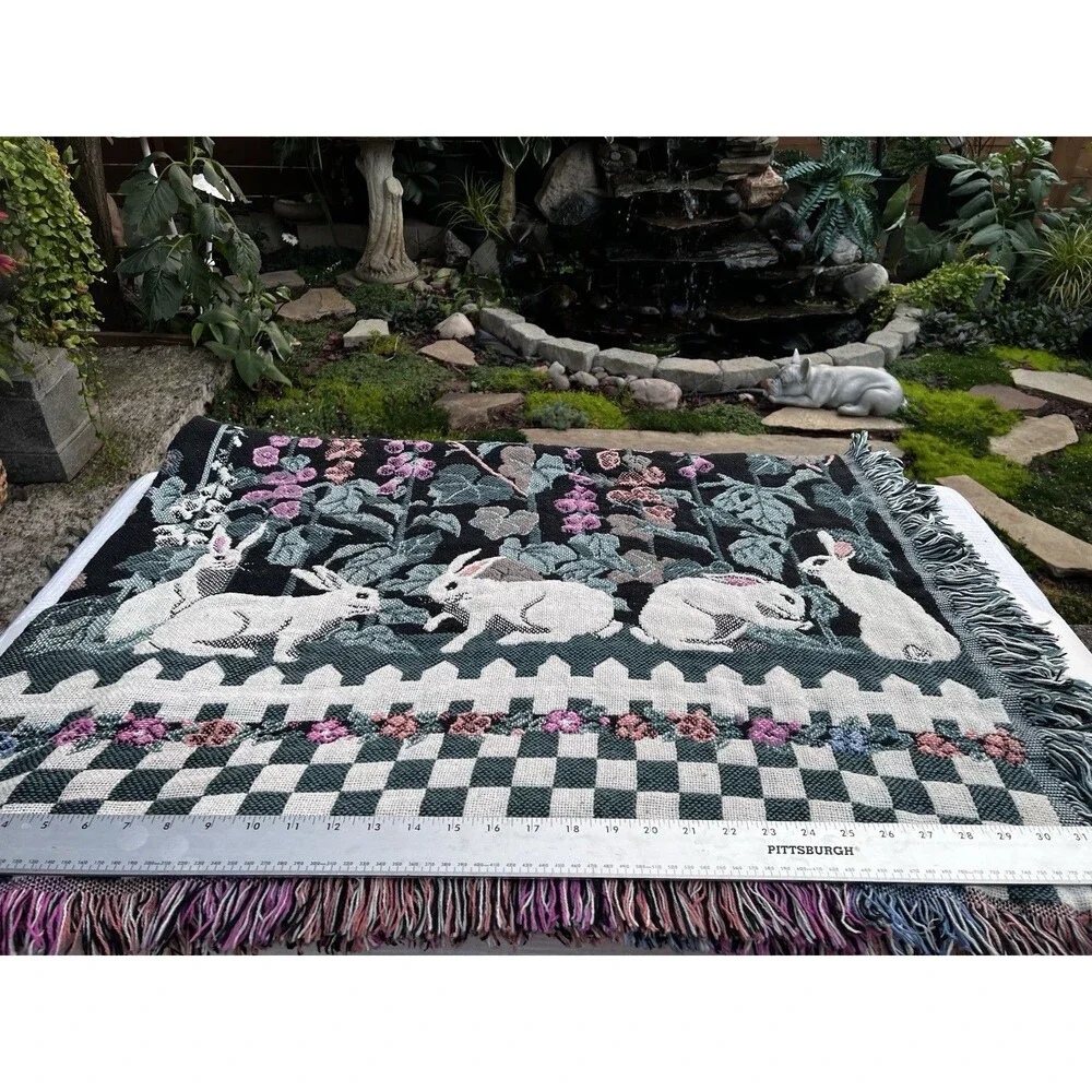 Vtg Claire Murray Foxglove Weavers Tapestry Blanket Throw Garden Bunnies Rabbit
